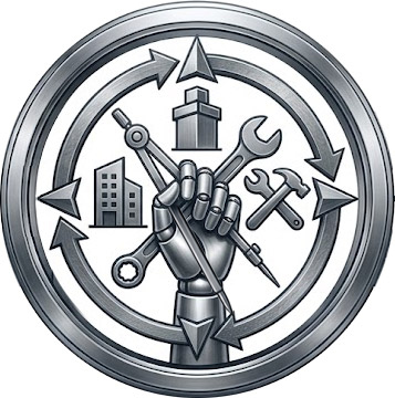 moldrich-26-unternehmen-uns-01B Circular metallic emblem showing a raised mechanical hand gripping a wrench and screwdriver, surrounded by arrows and industrial buildings.